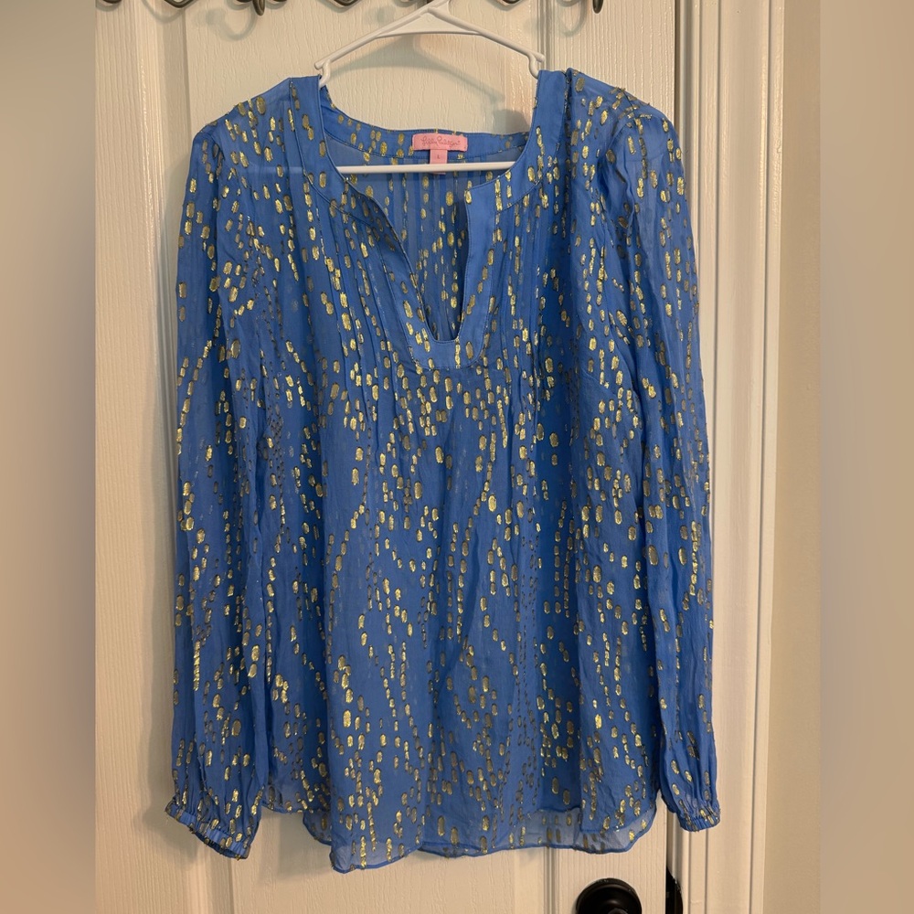Lilly Pulitzer Semi-Sheer Sky Blue Silk Metallic Chip Colby Top Size Medium